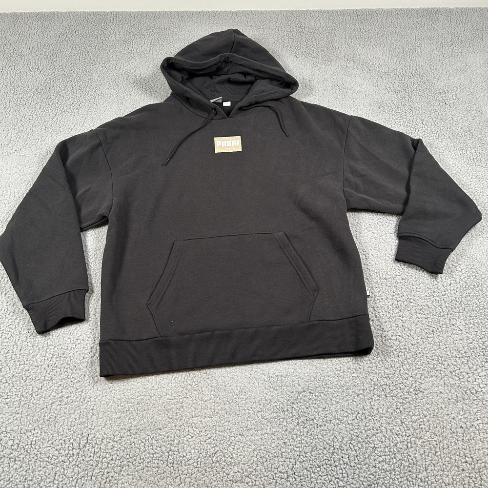 Puma Hoodie Mens Medium Black Box Logo Graphic Fleece Pullover Kangaroo Pocket